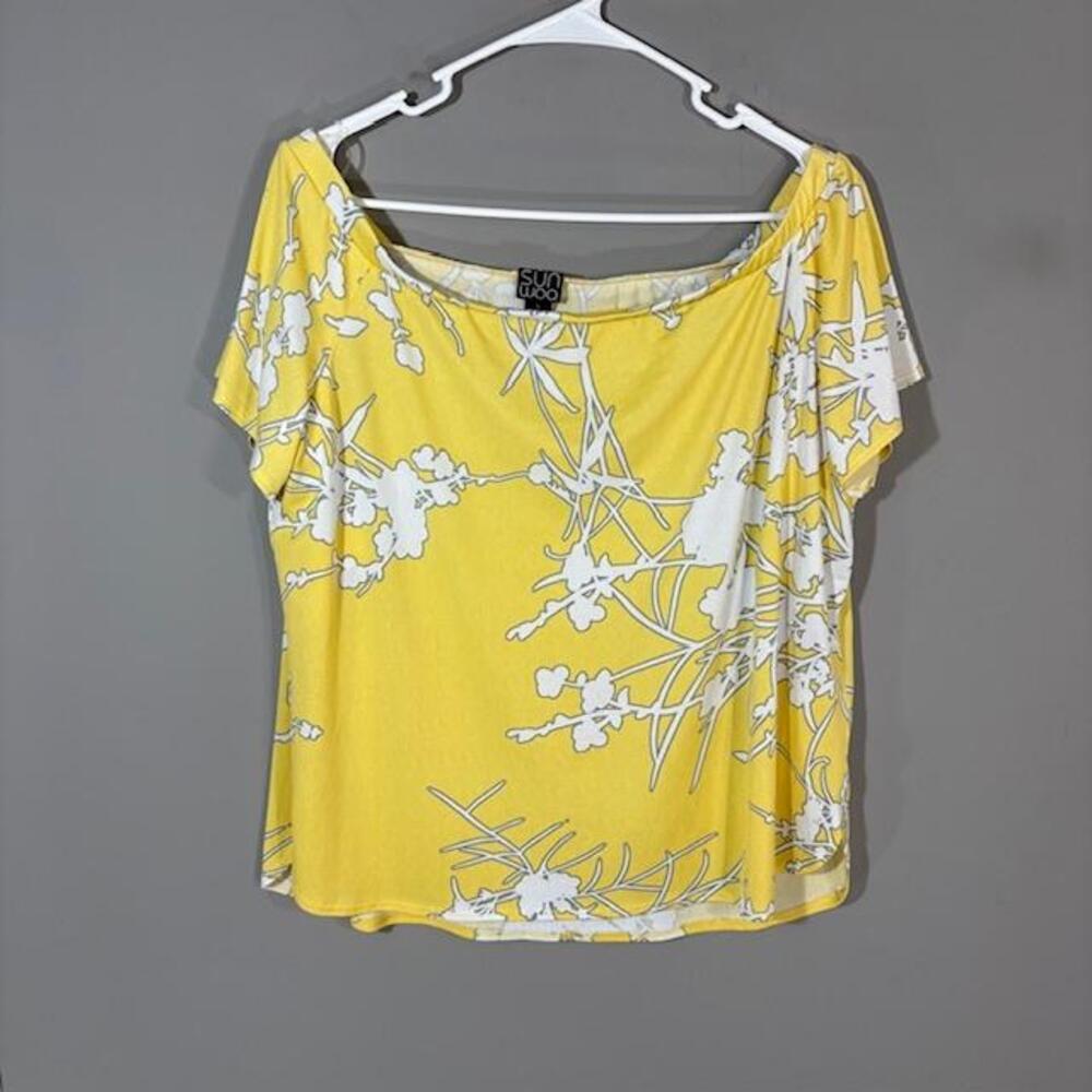Clara Sunwoo Blouse Womens Large Yellow Floral Boat Neck Flutter Sleeve Top